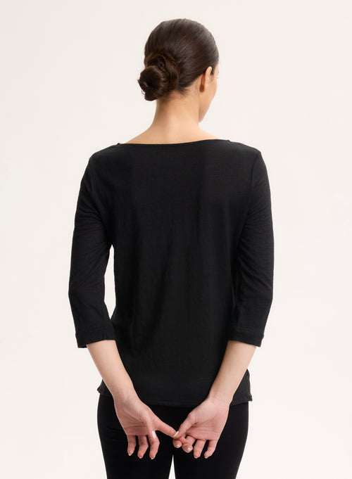 Black 3/4 Sleeve Boat Neck Linen/Elastane T-shirt - MAJESTIC FILATURES