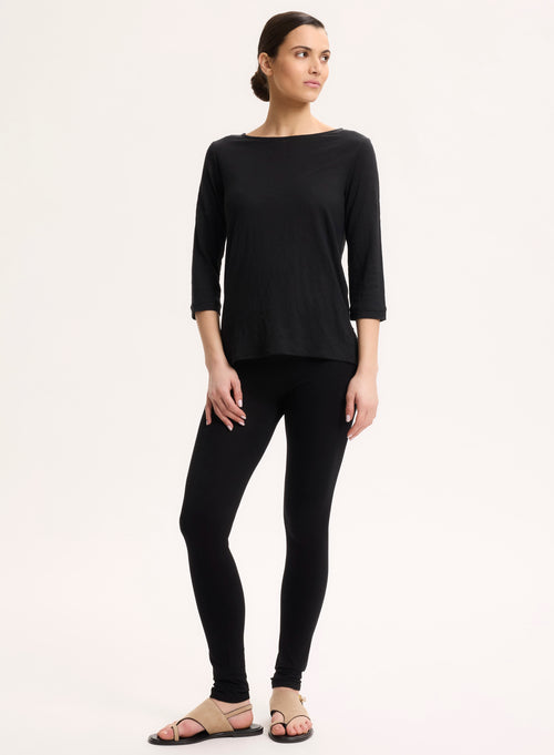 Black 3/4 Sleeve Boat Neck Linen/Elastane T-shirt - MAJESTIC FILATURES