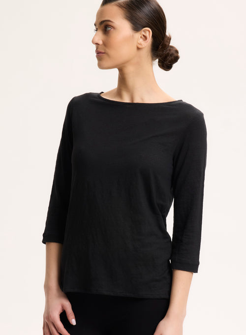 Black 3/4 Sleeve Boat Neck Linen/Elastane T-shirt - MAJESTIC FILATURES