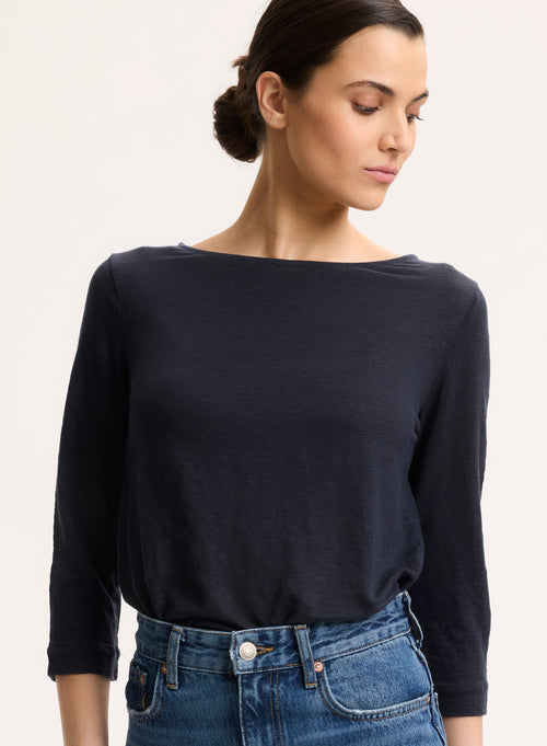 Marine T-Shirt mit 3/4-Ärmeln und Bootsausschnitt aus Leinen - MAJESTIC FILATURES