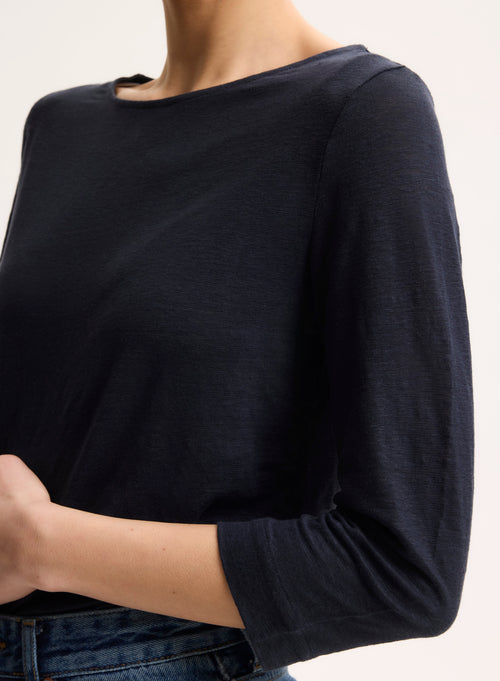 Marine T-Shirt mit 3/4-Ärmeln und Bootsausschnitt aus Leinen - MAJESTIC FILATURES