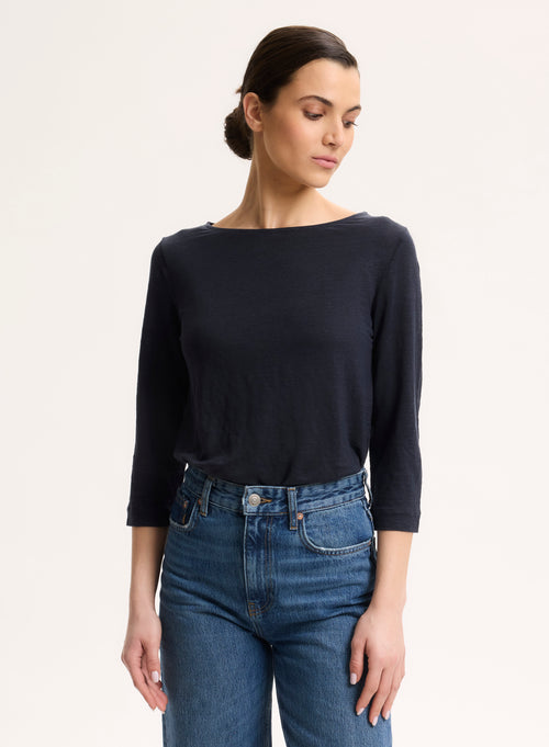 Marine T-Shirt mit 3/4-Ärmeln und Bootsausschnitt aus Leinen - MAJESTIC FILATURES