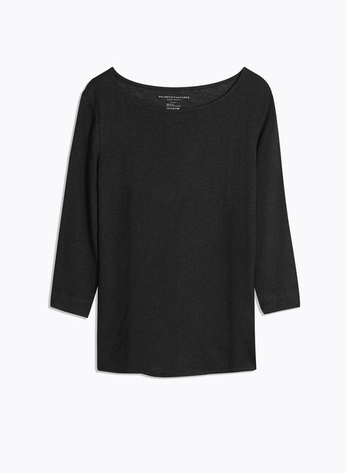 Black 3/4 Sleeve Boat Neck Linen/Elastane T-shirt - MAJESTIC FILATURES