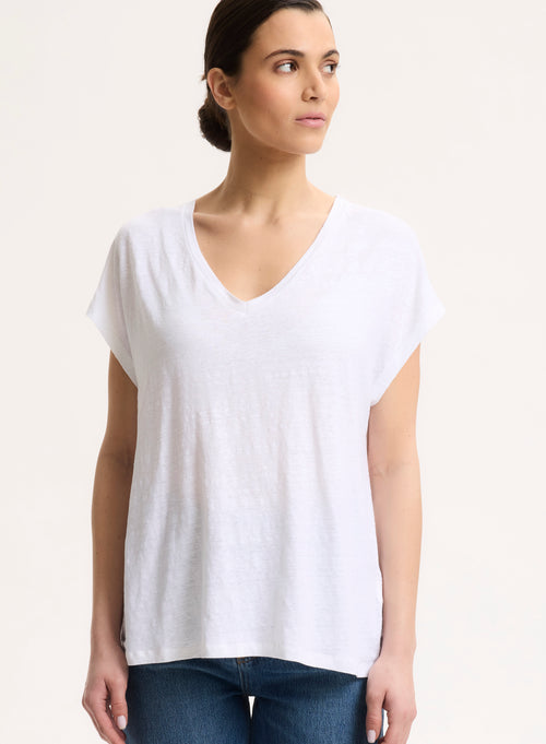 Weißes T-Shirt mit V-Ausschnitt und kurzen Ärmeln aus Leinen / Elastan - MAJESTIC FILATURES