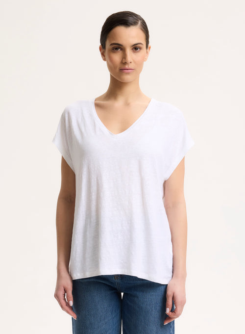 Weißes T-Shirt mit V-Ausschnitt und kurzen Ärmeln aus Leinen / Elastan - MAJESTIC FILATURES