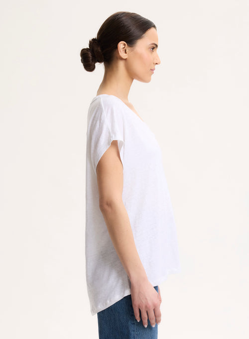 Weißes T-Shirt mit V-Ausschnitt und kurzen Ärmeln aus Leinen / Elastan - MAJESTIC FILATURES
