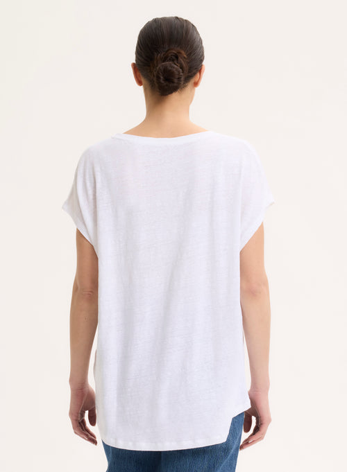 Weißes T-Shirt mit V-Ausschnitt und kurzen Ärmeln aus Leinen / Elastan - MAJESTIC FILATURES