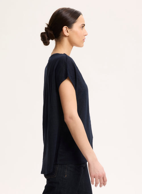 T-shirt Marine Col V Manches Courtes en Lin / Elasthanne - MAJESTIC FILATURES