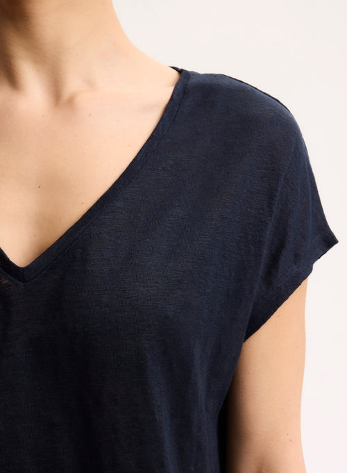 T-shirt Marine Col V Manches Courtes en Lin / Elasthanne - MAJESTIC FILATURES