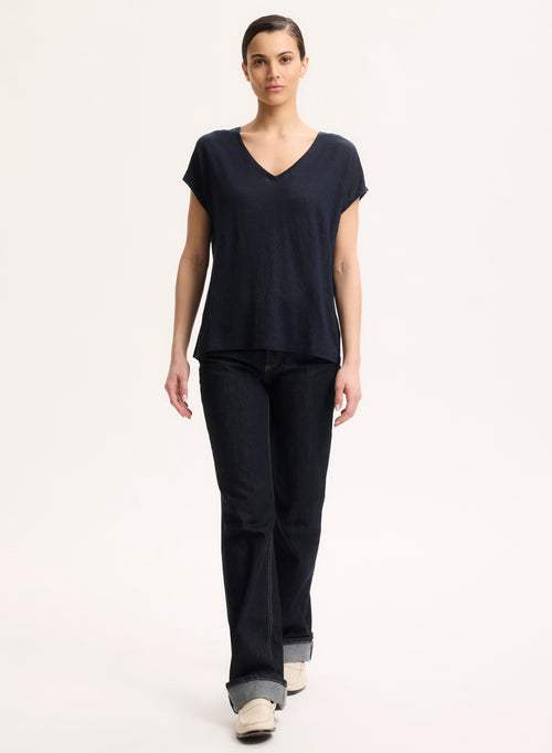 T-shirt Marine Col V Manches Courtes en Lin / Elasthanne - MAJESTIC FILATURES