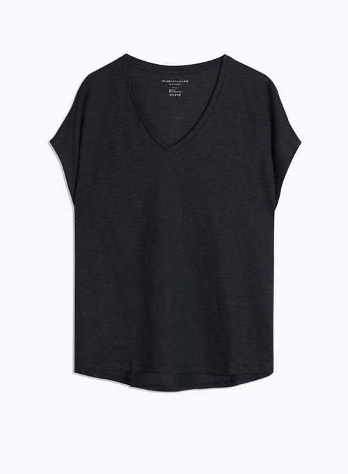 T-shirt Marine Col V Manches Courtes en Lin / Elasthanne - MAJESTIC FILATURES