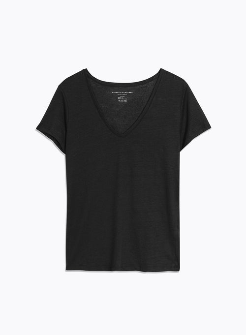 T-shirt Noir Manches Courtes Col V en Lin et Elasthanne - MAJESTIC FILATURES