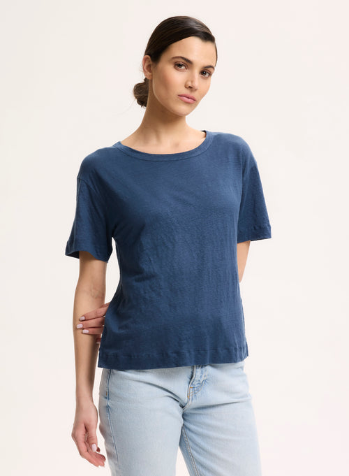 Camiseta azul de manga corta con cuello redondo en lino / elastano - MAJESTIC FILATURES