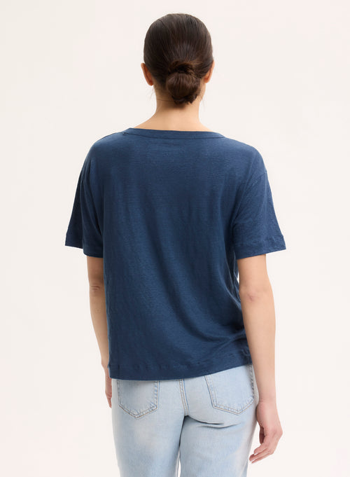 Camiseta azul de manga corta con cuello redondo en lino / elastano - MAJESTIC FILATURES