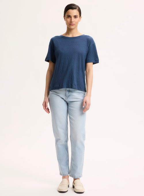 Camiseta azul de manga corta con cuello redondo en lino / elastano - MAJESTIC FILATURES