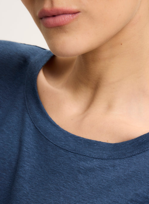Camiseta azul de manga corta con cuello redondo en lino / elastano - MAJESTIC FILATURES