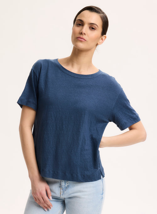 Camiseta azul de manga corta con cuello redondo en lino / elastano - MAJESTIC FILATURES