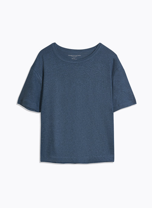 Camiseta azul de manga corta con cuello redondo en lino / elastano - MAJESTIC FILATURES