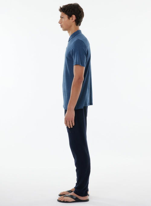 Blaues kurzärmeliges Poloshirt aus Leinen-Elasthan - MAJESTIC FILATURES