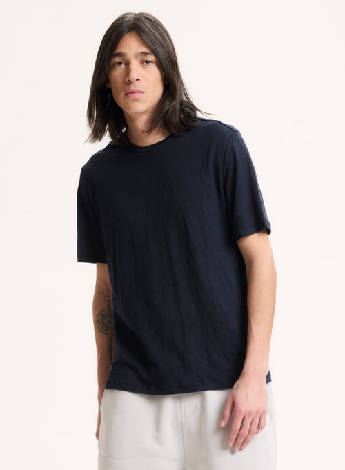 Navy T-Shirt with Round Neck and Short Sleeves in Linen / Elastane - MAJESTIC FILATURES
