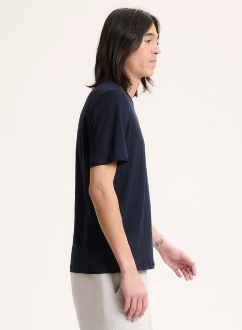 Navy T-Shirt with Round Neck and Short Sleeves in Linen / Elastane - MAJESTIC FILATURES