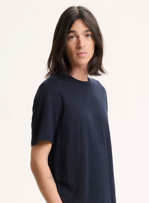 Navy T-Shirt with Round Neck and Short Sleeves in Linen / Elastane - MAJESTIC FILATURES