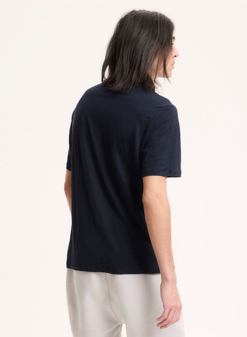 Navy T-Shirt with Round Neck and Short Sleeves in Linen / Elastane - MAJESTIC FILATURES