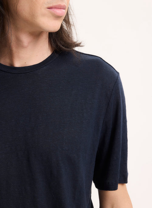 Navy T-Shirt with Round Neck and Short Sleeves in Linen / Elastane - MAJESTIC FILATURES