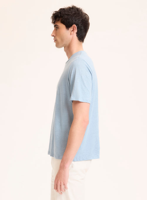 Tee shirt Bleu Col Rond Manches Courtes en Lin / Elasthanne - MAJESTIC FILATURES