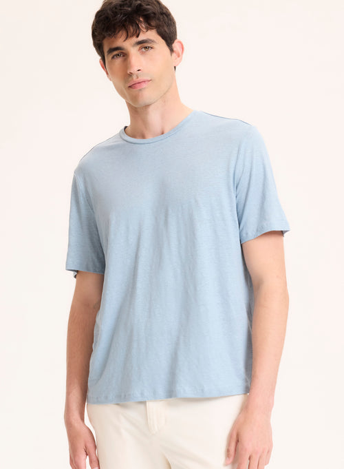 Tee shirt Bleu Col Rond Manches Courtes en Lin / Elasthanne - MAJESTIC FILATURES