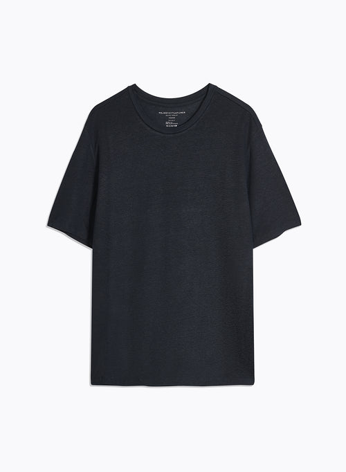 Navy T-Shirt with Round Neck and Short Sleeves in Linen / Elastane - MAJESTIC FILATURES