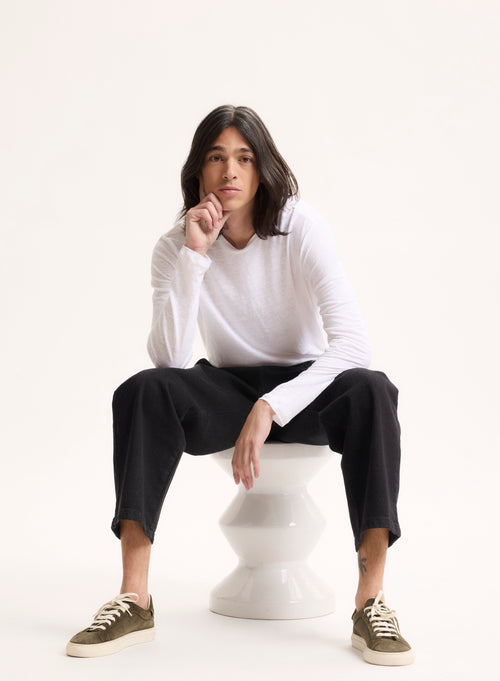 Camiseta blanca de manga larga con cuello redondo en lino / elastano - MAJESTIC FILATURES