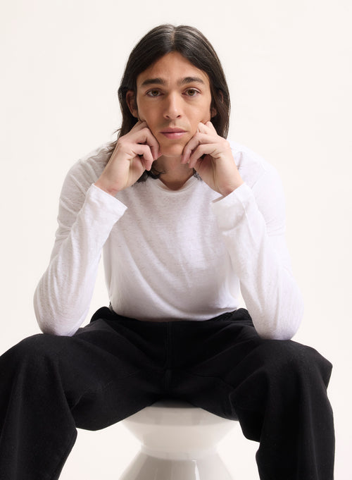 Camiseta blanca de manga larga con cuello redondo en lino / elastano - MAJESTIC FILATURES