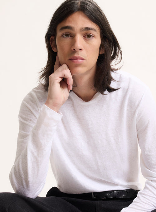 Camiseta blanca de manga larga con cuello redondo en lino / elastano - MAJESTIC FILATURES