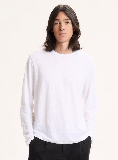 Camiseta blanca de manga larga con cuello redondo en lino / elastano - MAJESTIC FILATURES