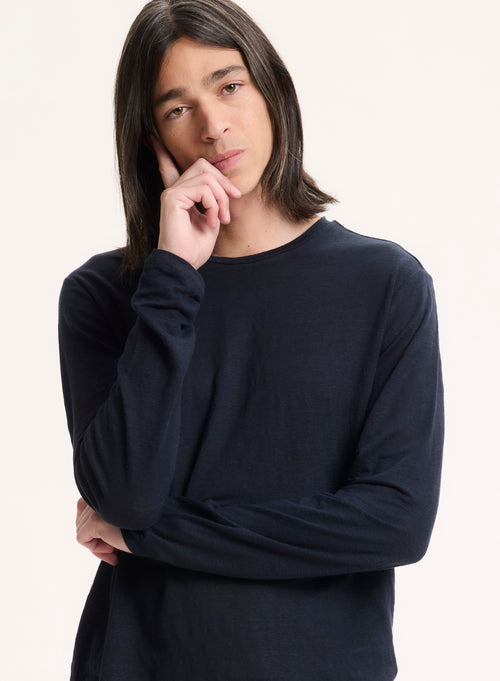 Marineblaues Langarm-T-Shirt mit Rundhalsausschnitt aus Leinen / Elasthan - MAJESTIC FILATURES