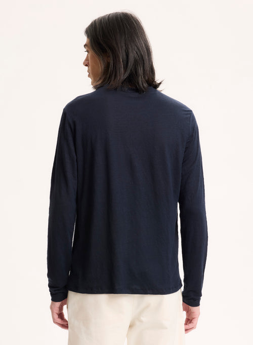 Marineblaues Langarm-T-Shirt mit Rundhalsausschnitt aus Leinen / Elasthan - MAJESTIC FILATURES