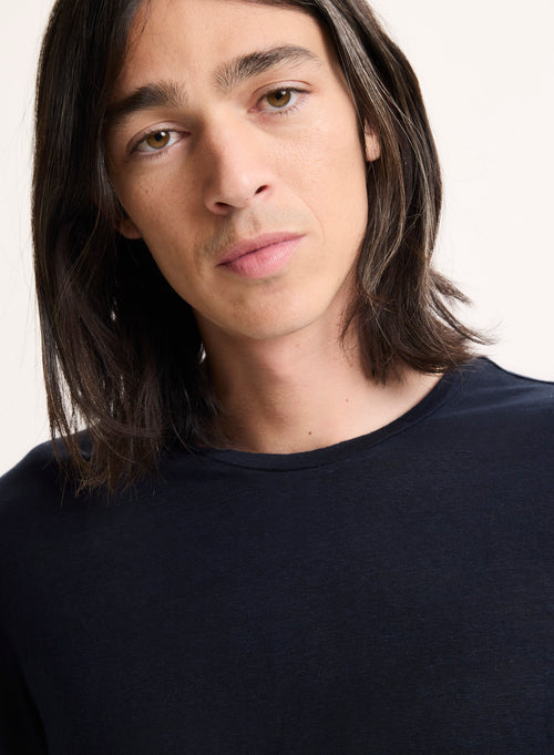 Marineblaues Langarm-T-Shirt mit Rundhalsausschnitt aus Leinen / Elasthan - MAJESTIC FILATURES