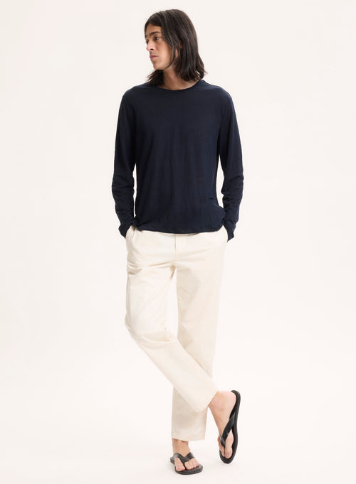 Marineblaues Langarm-T-Shirt mit Rundhalsausschnitt aus Leinen / Elasthan - MAJESTIC FILATURES
