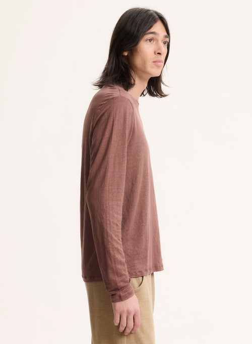 Braunes Langarm-T-Shirt mit Rundhalsausschnitt aus Leinen / Elasthan - MAJESTIC FILATURES