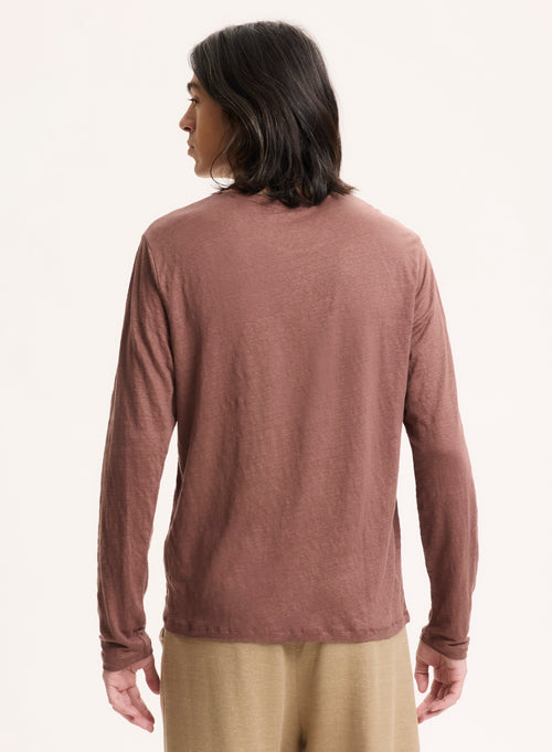 Braunes Langarm-T-Shirt mit Rundhalsausschnitt aus Leinen / Elasthan - MAJESTIC FILATURES