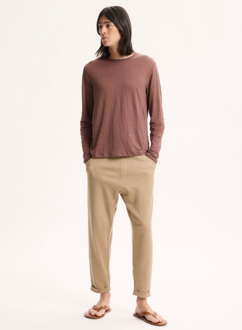 Braunes Langarm-T-Shirt mit Rundhalsausschnitt aus Leinen / Elasthan - MAJESTIC FILATURES