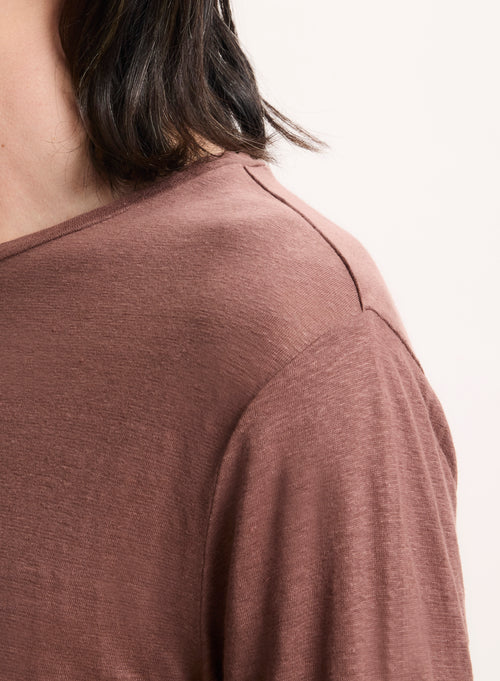 Braunes Langarm-T-Shirt mit Rundhalsausschnitt aus Leinen / Elasthan - MAJESTIC FILATURES