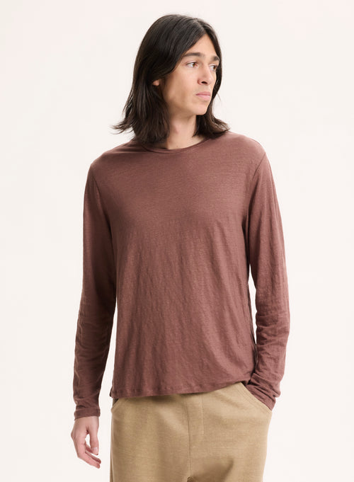 Braunes Langarm-T-Shirt mit Rundhalsausschnitt aus Leinen / Elasthan - MAJESTIC FILATURES