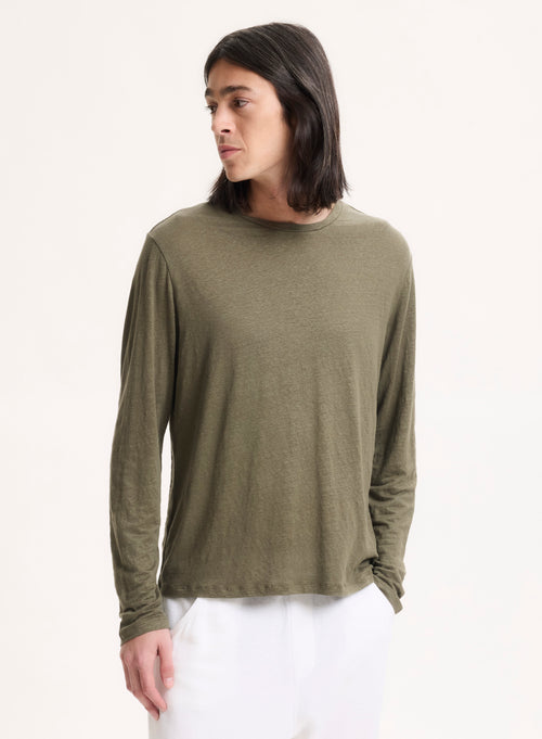 Green Long Sleeve Round Neck Linen / Elastane T-Shirt - MAJESTIC FILATURES