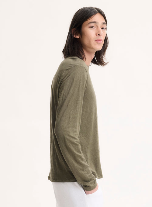 Green Long Sleeve Round Neck Linen / Elastane T-Shirt - MAJESTIC FILATURES