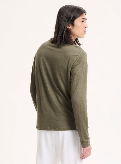 Green Long Sleeve Round Neck Linen / Elastane T-Shirt - MAJESTIC FILATURES