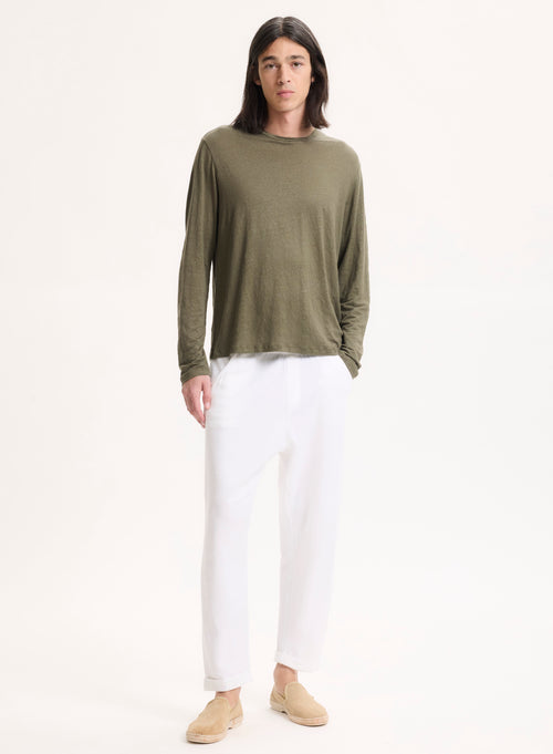 Green Long Sleeve Round Neck Linen / Elastane T-Shirt - MAJESTIC FILATURES