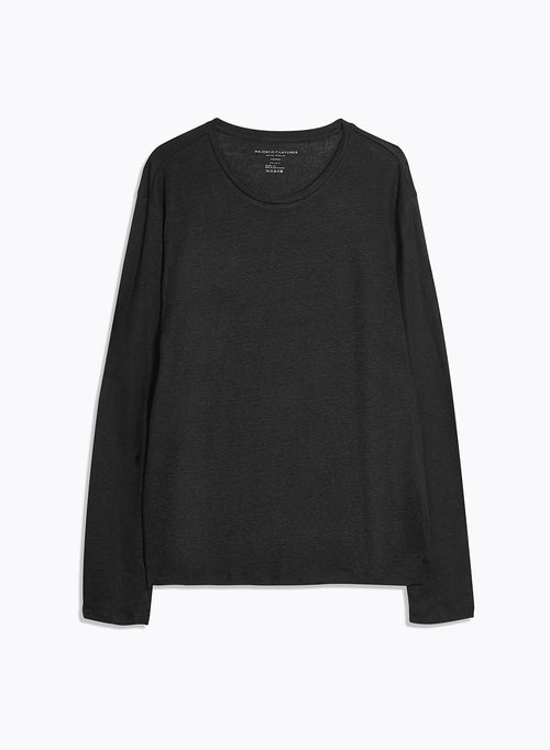 Black Long Sleeve Crew Neck Linen T-Shirt - MAJESTIC FILATURES