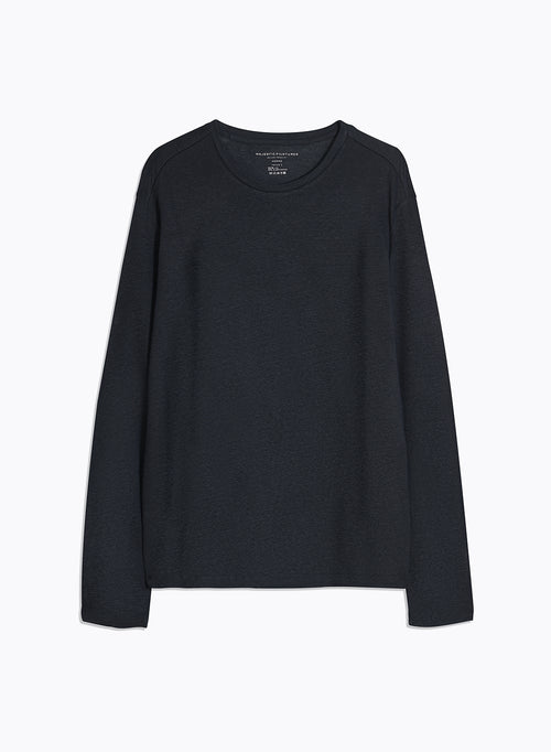 Marineblaues Langarm-T-Shirt mit Rundhalsausschnitt aus Leinen / Elasthan - MAJESTIC FILATURES